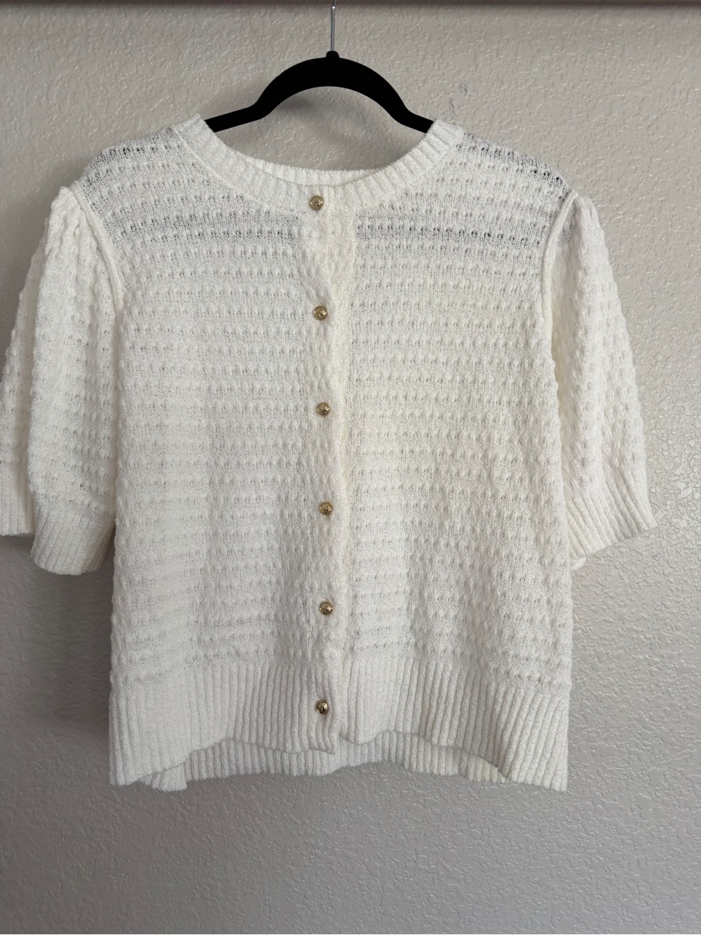 Cream Short-Sleeve Button-Front Knit Cardigan Sweater